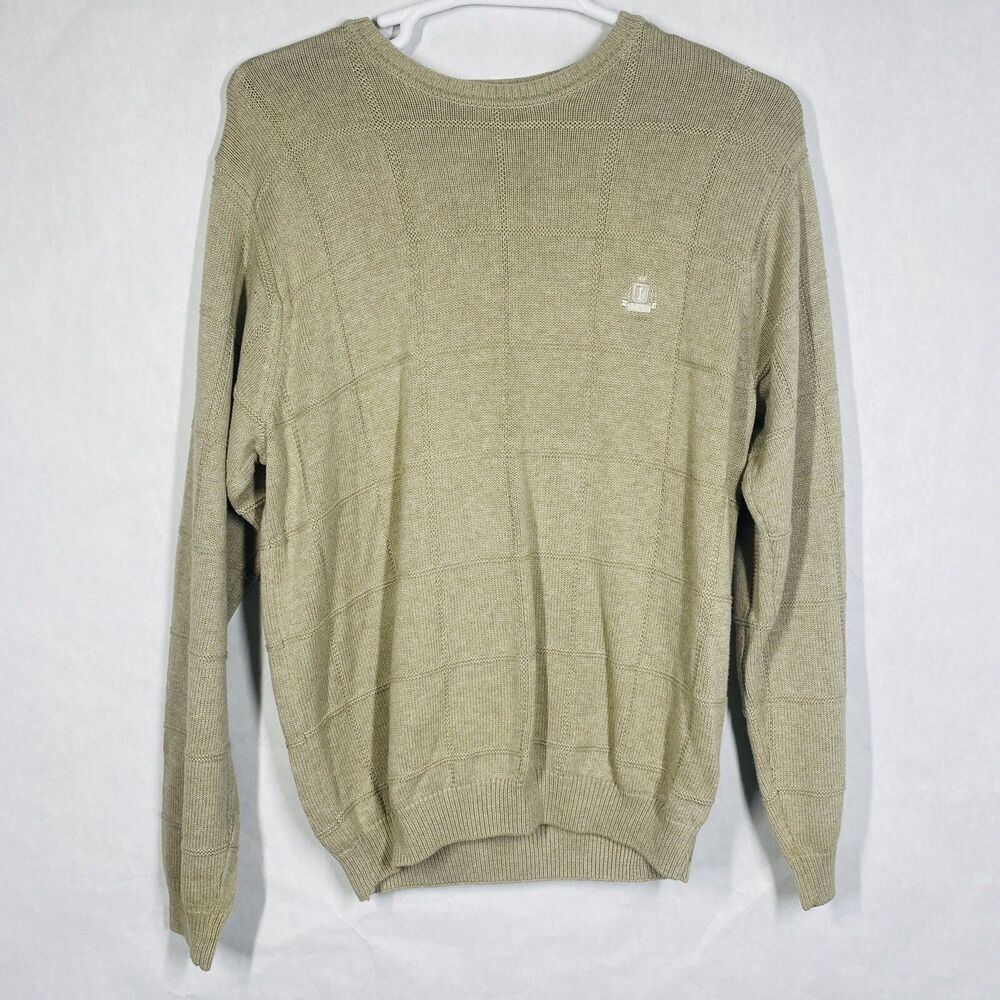 Izod Sweater Men L Beige Knit Geometric Squares Logo Grandpa Senior Winter